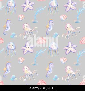 Seesterne, Seepferdchen, Tintenfische, Quallen, Korallen und Algen, Muscheln in nahtlosem Muster auf grauem Hintergrund. Sea World Clipart. Handgezeichnet Stockfoto