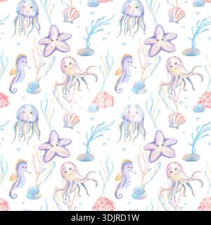 Nahtloses Muster von Seesternen, Seepferdchen, Tintenfischen, Quallen, Korallen und Algen, Muscheln. Sea World Clipart. Handgezeichnete Illustration für un Stockfoto