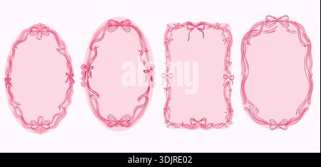 Dekorative pinkfarbene Rahmen mit Schleifen und Blumenmotiven für Einladungen Stock Vektor