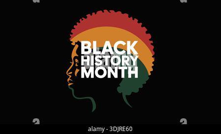 Schwarze Geschichte Monat Typografie mit afrikanischem Profil Silhouette in panafrikanischen Farben auf dunklem Hintergrund Stock Vektor