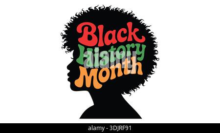 Schwarze Geschichte Monat Typografie mit afroamerikanischem Silhouettenprofil auf weißem Hintergrund Stock Vektor