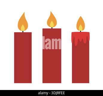 Leuchtendes rotes Kerzenset. Schlichte Form mit roter Weihnachtskerze. Brennende rote Kerze flache Stock Vektorbeleuchtung. Stock Vektor
