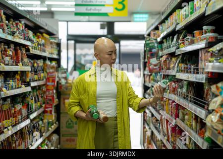 Eine kahlköpfige Frau, die Lebensmittel im Supermarktgang auswählt Stockfoto
