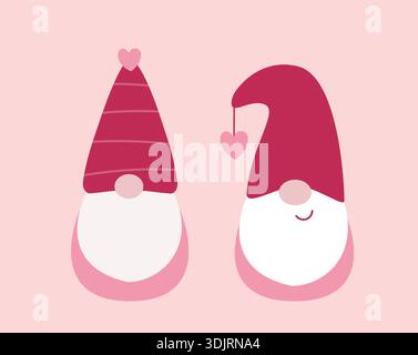 Valentinstag Gnome mit Herzmuster flache Vektor Illustration Set. Lustige Gnome feiern den Valentinstag-Cartoon. Süße bärtige Elfen Clipart. Stock Vektor