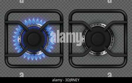3D-Kochfeld mit Feuer. Gasherd realistischer Brenner mit blauer Flamme von oben. Kochofen und Herdplatten mit Propanring. Gasenergie-Glühbrenner und Küchenherd-Flamme. Isolierter Vektorsatz. Stock Vektor