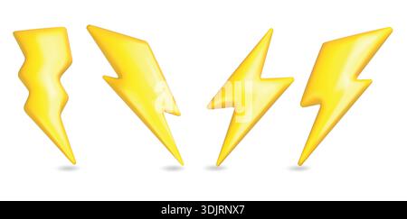 3D-Blitzsymbol. Gelber Pfeil aus Plastik, Zeichentrickfilm-Energie-schnell-Zeichen. Blitzlicht-Leistungssymbol realistische Darstellung, Geschwindigkeitsschlag und Blitzschlag. Vektor-isolierter Satz des Batterieladegeräts. Stock Vektor