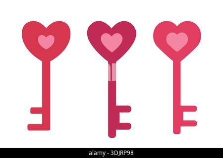 Satz von valentinstag Herzform Schlüssel flache Vektor Illustration. Ich liebe Schlüsselelement Clipart. Weißer Hintergrund. Stock Vektor