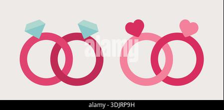 Diamant- und herzförmiger Ring flache Vektor-Illustration Set. Hochzeitsringe. Einrückringe. Für Verlobung, Hochzeit, romantisches Geschenk. Stock Vektor