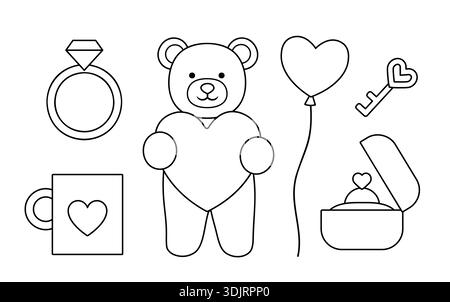 Set mit Elementen zum Valentinstag mit Umriss- und Malseiten. Enthält süßen Teddybär, Herz, Ring, Ringbox, Becher, Herzballon, Schlüssel. Stock Vektor