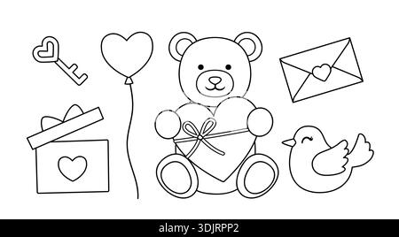 Set mit Elementen zum Valentinstag mit Umriss- und Malseiten. Enthält niedlichen Teddybär, Liebesbrief, Herzballon, Liebesvogel, Geschenkbox, Schlüssel, Becher Stock Vektor