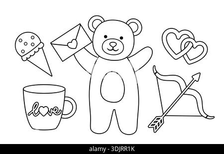Set mit Elementen zum Valentinstag mit Umriss- und Malseiten. Enthält niedlichen Teddybär, Pfeil und Bogen von Cupid, Liebesbrief, Herz, Eis, Becher. Stock Vektor