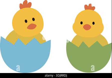 Ostermädchen Clipart Set, das in einem Eierschalen-Flachvektor sitzt. Baby-Küken-Schlüpfei-oster-Clipart-Kollektion. Transparenter Hintergrund. Stock Vektor