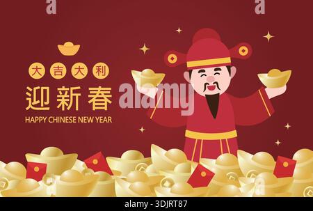 Vektor-Illustration der Grußkarte Gott des Reichtums für das chinesische Neujahr. Entwurf des Gottes des Reichtums und der Goldbarren. Frohes chinesisches Neujahr. Stock Vektor