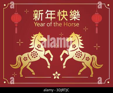 2026 Grußkarte zum chinesischen Neujahr. Happy Chinese New Year 2026 Tierkreiszeichen. Traditionelle Papierschnitts- und Handwerkskunst. Goldenes Pferd auf rotem Backgrou. Stock Vektor