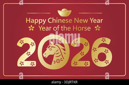 2026 Grußkarte zum chinesischen Neujahr. Happy Chinese New Year 2026 Tierkreiszeichen. Traditionelle Papierschnitts- und Handwerkskunst. Goldenes Pferd auf rotem Backgrou. Stock Vektor
