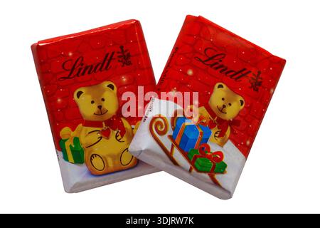 Lindt verpackte Schweizer Milchschokolade Napolitains Schokolade aus Lindt Adventskalender isoliert auf weißem Hintergrund Stockfoto