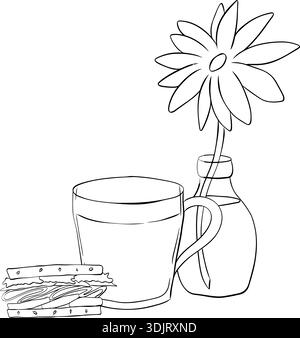 Kaffeetasse, Blume und Sandwich Cafe Komposition handgezeichnete Illustration. Vektorgrafik Strichtinte Schwarzweiß Kunst. Rustikales Frühstück, isoliert auf einem Wi Stock Vektor