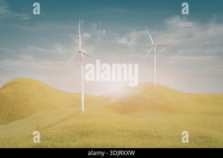 Dieses Bild zeigt drei Windturbinen, die hoch in einem üppigen grünen Feld unter einem klaren blauen Himmel stehen. Die Sonne geht unter und strahlt ein warmes Leuchten über Stockfoto