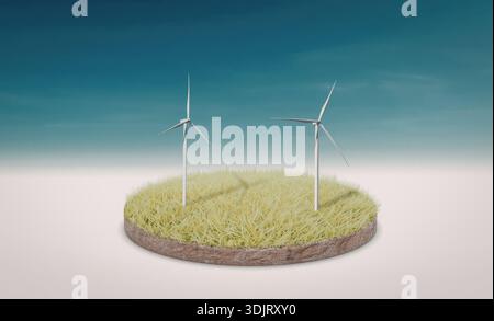 Das Bild zeigt drei Windturbinen, die auf einem grasbewachsenen Hügel unter klarem blauem Himmel stehen. Die Windenergieanlagen werden in einer Reihe mit dem zentralen sli positioniert Stockfoto