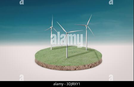 Ein 3D-Rendering von drei Windturbinen, die auf einem üppigen grünen Hügel unter einem klaren blauen Himmel stehen. Stockfoto