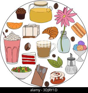 Café-Elemente runden die Komposition ab. Handgezeichnete Abbildung. Vektor-Grafik-Linie Tinte farbige Kunst. Für Bäckerei und Café. Kaffeebohne, Tasse Stock Vektor