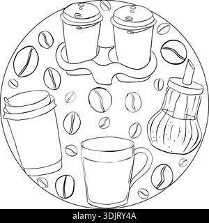 Elegante Kaffeebohne und Tassen runden die Komposition von Hand gezeichnete Illustration. Vektorgrafik Strichtinte Schwarzweiß Kunst. Perfekter Vektor für Café-Logo, Stock Vektor
