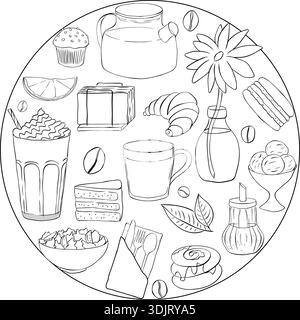 Café-Elemente runden die Komposition ab. Handgezeichnete Abbildung. Vektorgrafik Strichtinte Schwarzweiß Kunst. Für Bäckerei und Café. Kaffeebohne, Tasse Stock Vektor