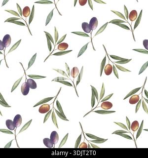 Olivenzweige mit grünen Blättern. Handgezeichnete botanische Aquarellillustration. Nahtloses Muster auf weißem Hintergrund. Für Heimtextilien, Kleidung, Tapeten, Verpackungen, Geschenkpapier. Stockfoto