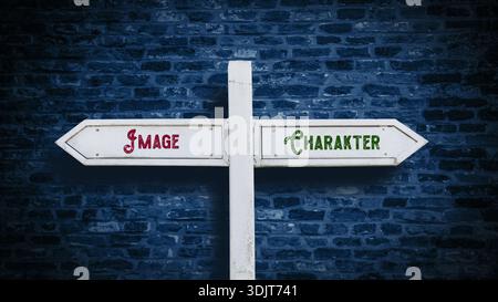 Ein Bild mit einem Wegweiser, der in zwei verschiedene Richtungen auf Deutsch zeigt. Eine Richtung ist nach Zeichen, die andere nach Bild. Stockfoto