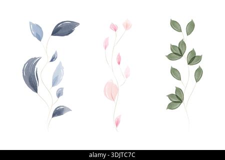 Ein wunderschönes Set botanischer Elemente mit Aquarellen. Es zeigt drei unterschiedliche Zweige mit durchscheinenden Blättern in sanften Blau-, Rosa- und Grüntönen, die ein natürliches und sanftes Gefühl schaffen. Stock Vektor
