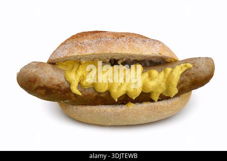Bratwurst mit Senf in einem Brötchen - weißer Hintergrund ***** Originalfoto des Beitragenden, digital modifiziert mit KI-Tools **** Stockfoto