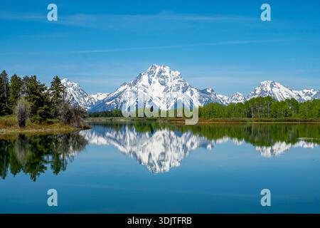 Mount Moran in der Teton Range, wie gesehen von Oxbow Bend am Snake River in Grand Teton Nationalpark Wyoming USA Stockfoto