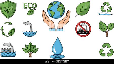 Umwelt Nachhaltigkeit Icons Set, Umweltfreundliche Grüne Energie Flache Vektor-Illustration Stock Vektor