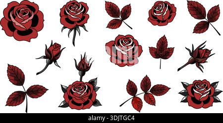 Rote Rosenblume mit Blättern in traditioneller Tattoo-Art flache Vektor-Illustration isoliert auf weiß Stock Vektor