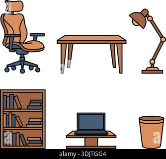 Moderne Büromöbel Vektorset, Flat Design Workspace Equipment Icons, Isolierte Arbeitsplatzartikel Stock Vektor