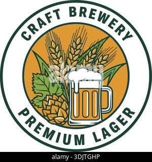 Craft Brewery Logo mit Bierbecher, Weizen und Hopfen für Premium-Lageretikett, flacher Vektor Stock Vektor