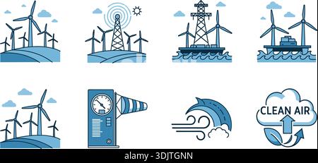Windenergie und nachhaltiges Kraftwerk flache Vektor-Illustration Set für umweltfreundliches Design Stock Vektor