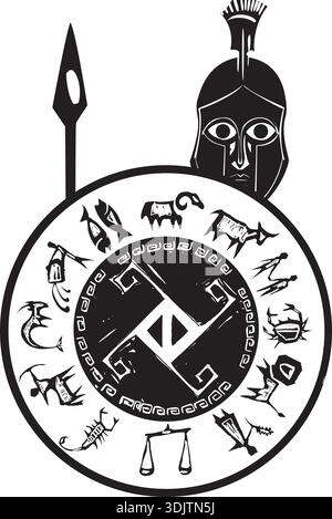 Holzschnitt Stil klassische spartan griechische Soldaten in ein Bronzehelm mit Speer und Schild Stock Vektor