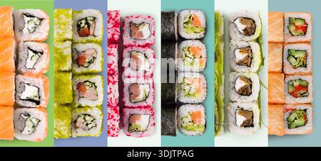 Köstliches Sushi serviert auf einem bunten Teller auf einem Lebensmittelmarkt am Nachmittag Stockfoto