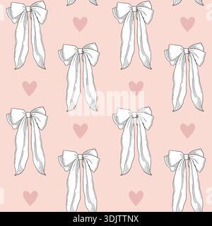 Handgezeichnetes nahtloses Valentinstag-Muster aus Schleifen, detaillierten grafischen Illustrationen und Herzen auf rosa Hintergrund Stock Vektor