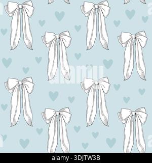Handgezeichnetes nahtloses Muster aus Schleifen, detaillierten grafischen Illustrationen und Herzen auf hellblauem Hintergrund Stock Vektor