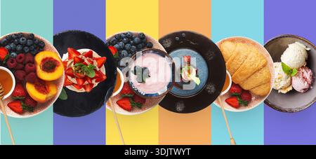 Verschiedene Speisen sind nebeneinander auf einer farbenfrohen Oberfläche angeordnet Stockfoto