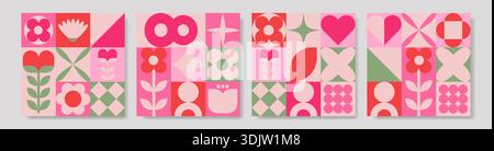 Set aus modernen geometrischen Grußkarten für März mit Blumenherzen und abstrakten Formen in rosa Rot und Grün. Perfekt für Frühlingsfeiern Stock Vektor
