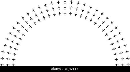 Flugzeugsymbole, die halbkreisförmige Strahlen um einen zentralen leeren Raum bilden. Stock Vektor