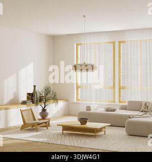 Großes, gerahmtes Japandi-Wohnzimmer mit Holztisch, Keramikvase und sanftem Tageslicht für elegantes, negatives Raumdesign. 3D-Abbildung. Stockfoto