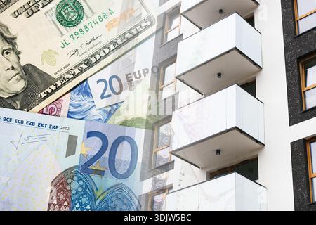 Fassade des Appartementgebäudes kombiniert mit Euro-Banknoten-Konzept. Immobilienmarktpreise und Immobilieninvestitionskosten. Bewertung finanzieller Immobilien. Stockfoto