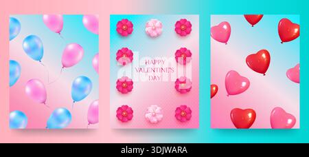 Alles Gute zum Valentinstag Ein Set von Grußkarten mit Ballons, Blumen und einem Hintergrund mit Farbverlauf. Vektor Stock Vektor