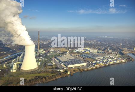 Luftansicht, Rauchkühlturm, duisport Logport VI Walsum, Logport 6, Baustelle und Neubau multimodal Terminal Duisburg GmbH. Stockfoto