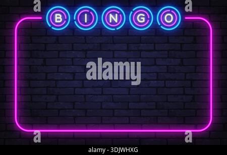 Leuchtender Neon-Bingo-Schriftzug in einem leuchtenden Rahmen auf Ziegelsteinstruktur. Casino-inspirierter Hintergrund, ideal für Spielthemen, das Nachtleben oder Stock Vektor