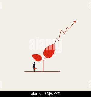 Diese minimale Vektor-Illustration zeigt einen Geschäftsmann, der eine Pflanze bewässert, die sich in ein steigendes Diagramm verwandelt, das ein Konzept des Unternehmenswachstums und des Su repräsentiert Stock Vektor